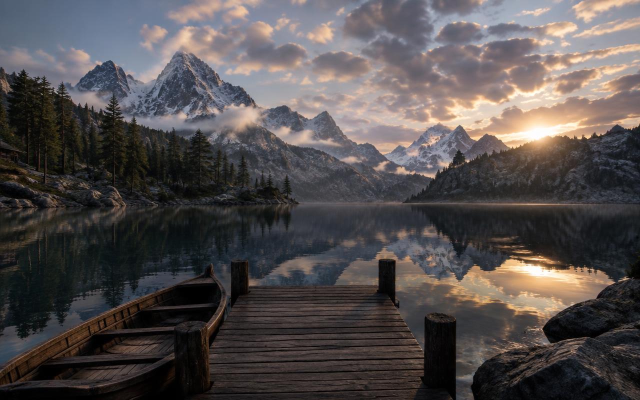 Crystal mountain lake at dusk with a wooden pier and rowing boat