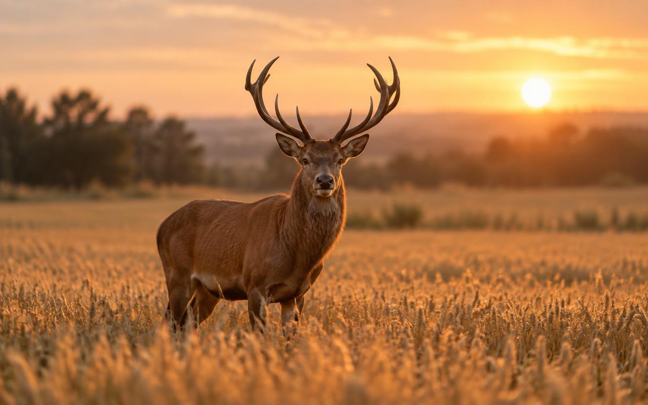Red deer standing in a golden field at sunset, seen through a camera viewfinder in Evertrail