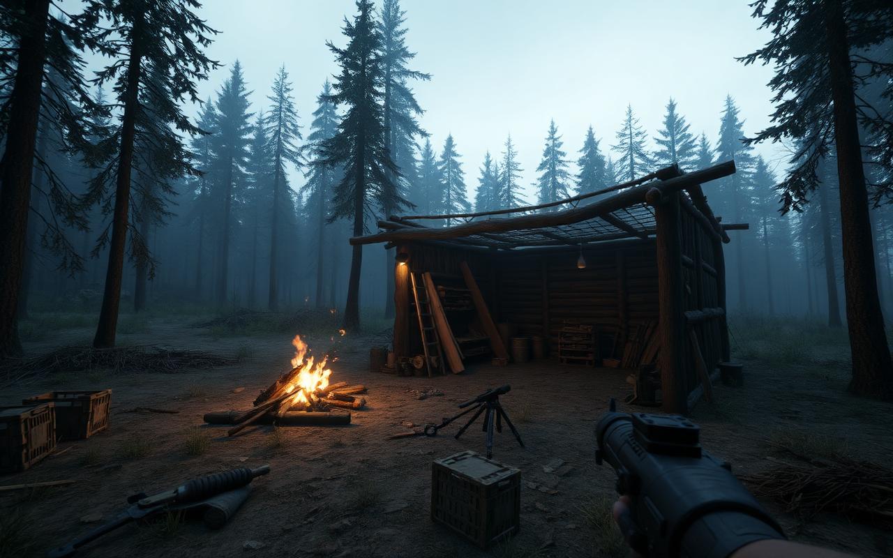 Makeshift wooden shelter and campfire in a foggy forest camp in Forbidden Zone