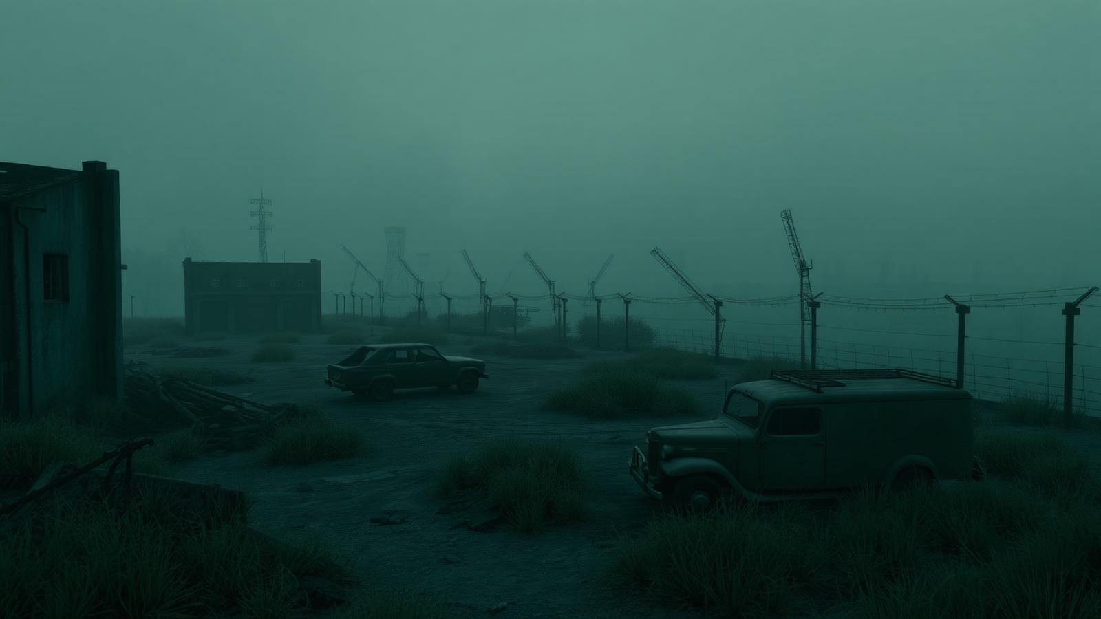 Foggy post-apocalyptic settlement with rusted vehicles and barbed wire inside the Forbidden Zone