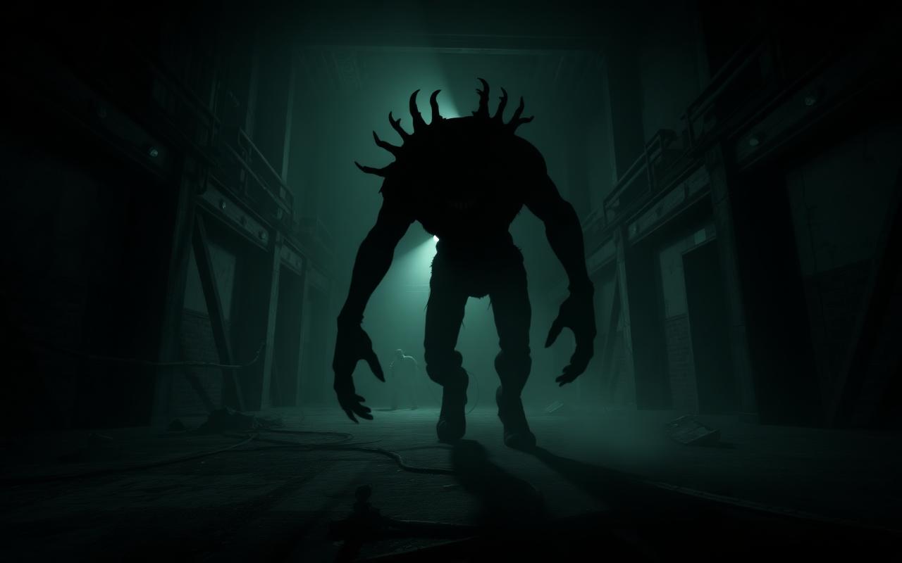 Silhouette of a mutated creature in a dark industrial hall in Forbidden Zone