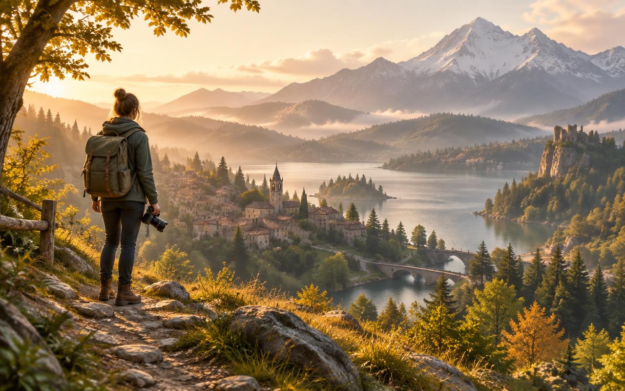 Traveler with a camera looking over a village, lake and mountains