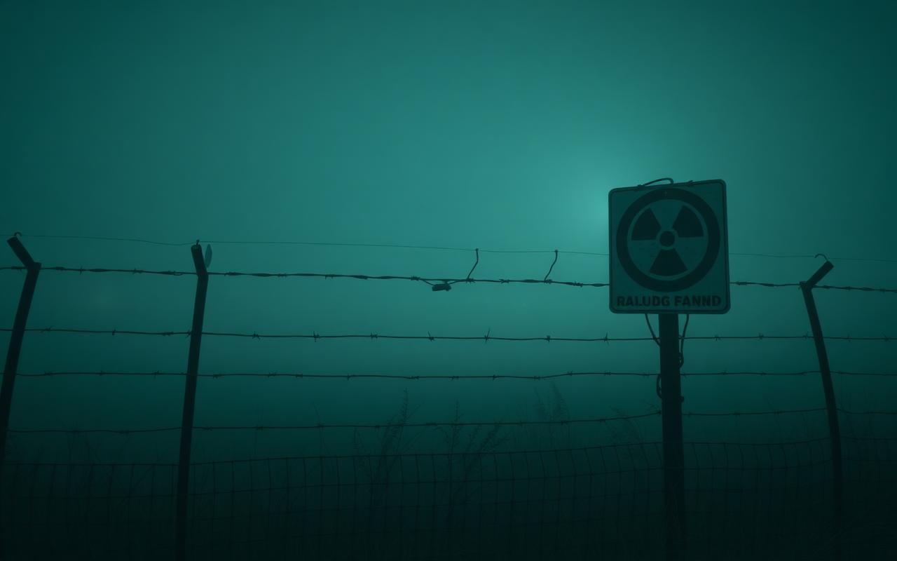 Foggy barbed wire perimeter with a radiation warning sign from Forbidden Zone