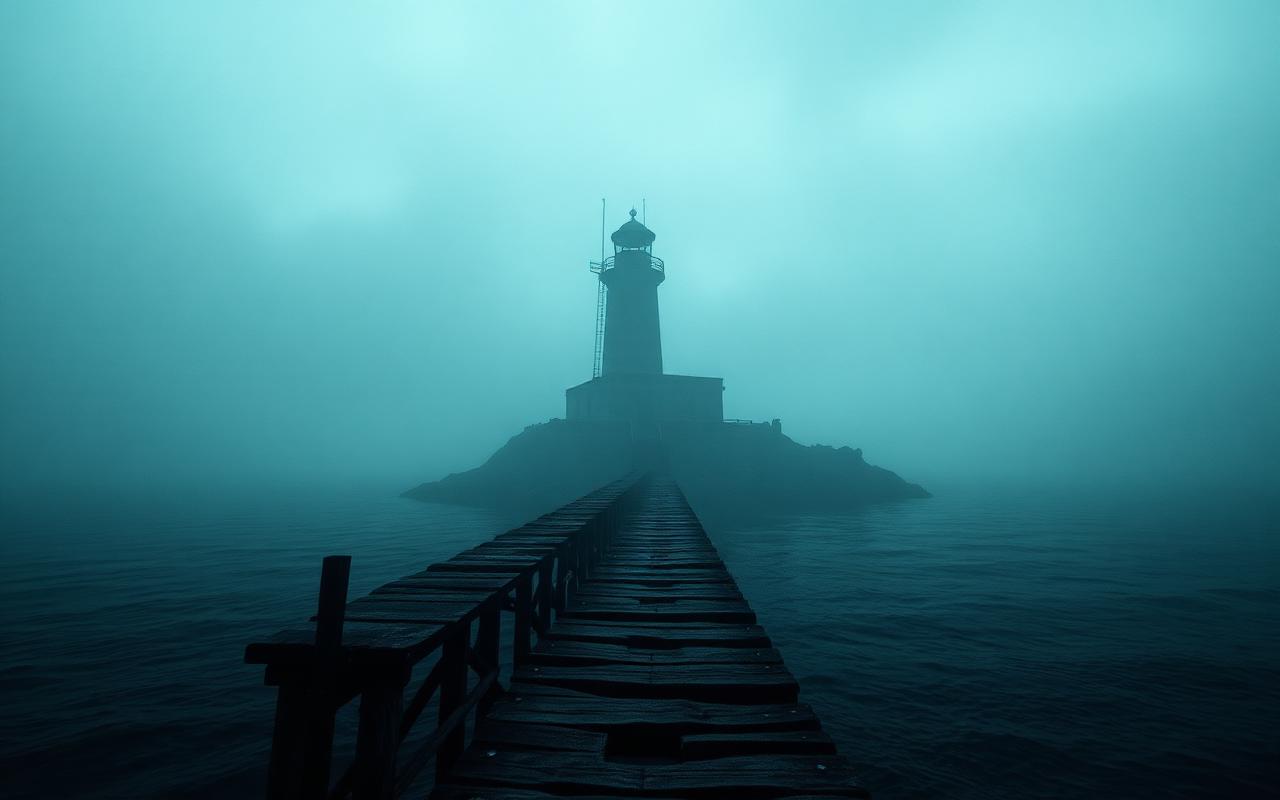 Fog-drowned island with a decaying lighthouse and wooden pier from Scrow Island
