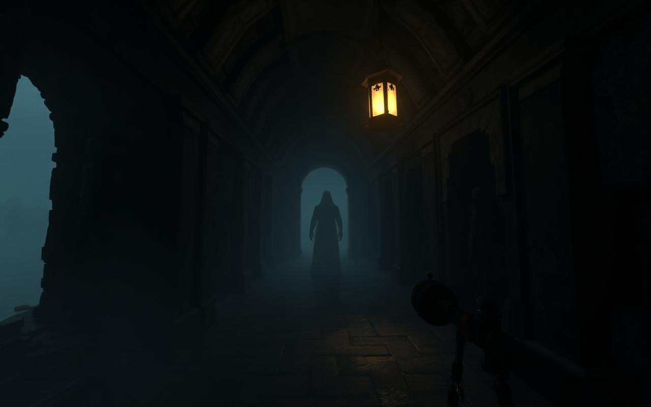 Ghostly figure at the end of a ruined temple corridor