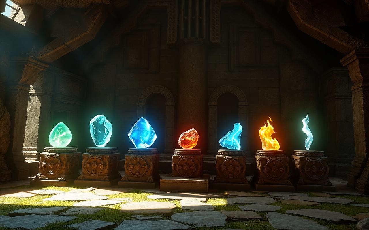 Five glowing elemental stones on carved pedestals inside a mossy ruin on Scrow Island